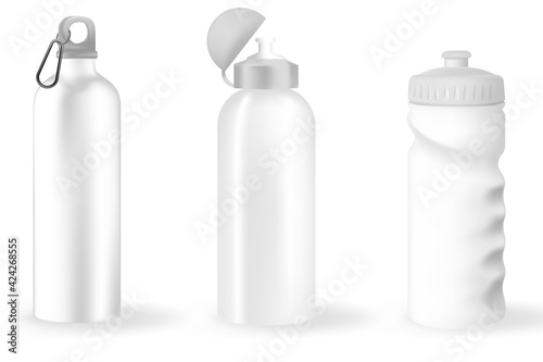 Plastic bottle glossy metal water bottle. Mockup set of plastic blank sport bottles realistic style. Front view. Vector 3d illustration.