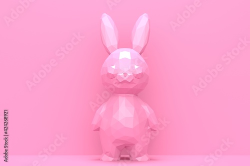 Pink Easter abstract background with shiny low poly bunny. 3d rendering