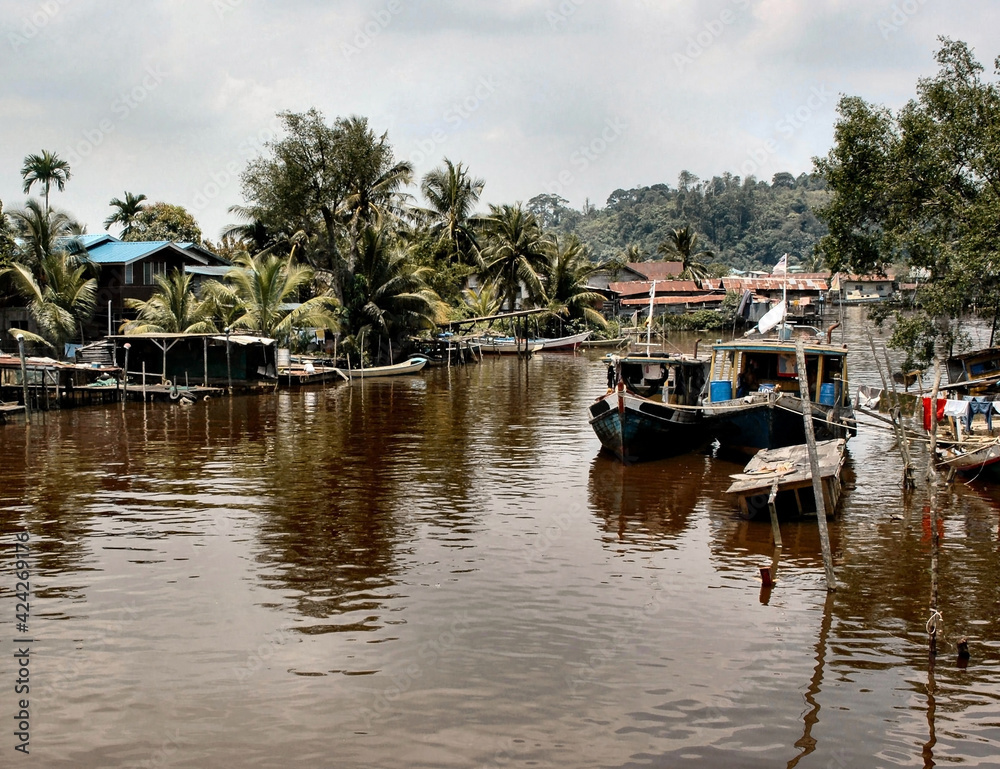 River Fishing Village Scene in Bintulu Sarawak Borneo