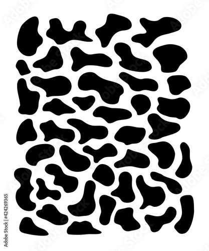 Irregular black spots, blotch, inkblot. Organic shapes. Specks, flecks graphic. Drops of liquid, pebble, stone silhouette. Ink basic simple random smooth form