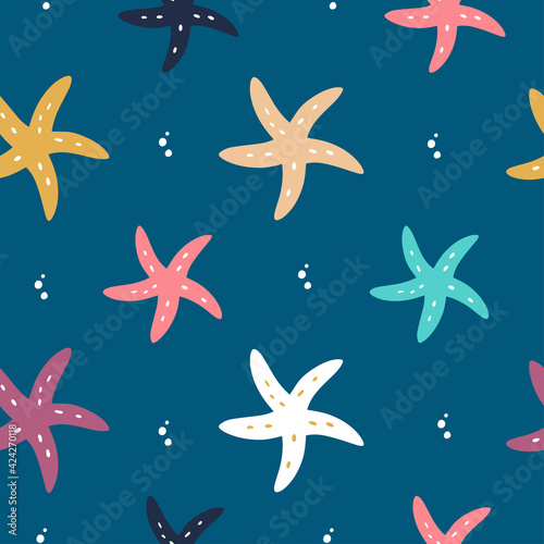 Starfish seamless pattern, Underwater sea world dwellers, Fairytale kid textile, wrapping paper, background. Vector illustration.