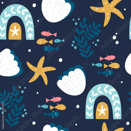 Underwater sea world dwellers, flora and fauna elements. Kid textile, wrapping paper, background. Vector cartoon illustration.