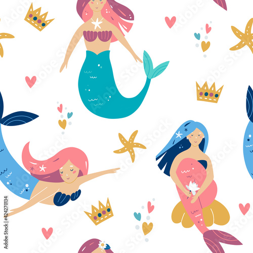 Mermaid and starfish seamless pattern, Underwater sea world dwellers, Fairytale kid textile, wrapping paper, background. Vector illustration.