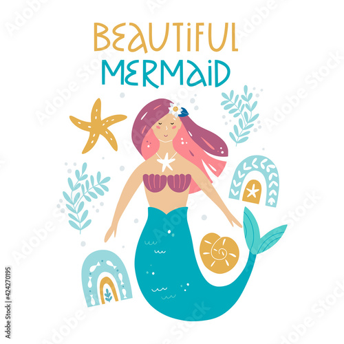 Beautiful mermaid! Mermaid art prints. Vector illustration with marine elements. Modern baby print, poster, banner, sticker.