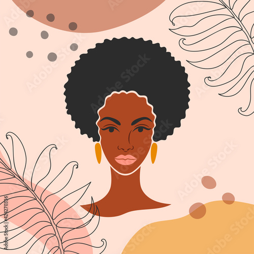 Background with tropical leaves and a black woman.