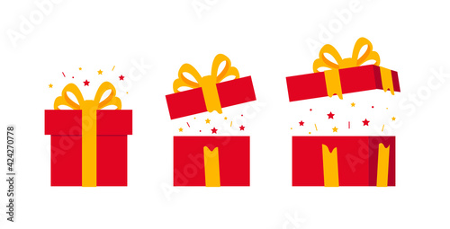 Set of festive gift box, red box wrap and yellow ribbon, closed and open with bright confetti