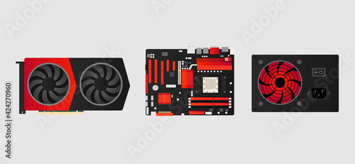 Computer Equipment and Hardware. Computer accessories: motherboard, video card, power supply. Vector illustration.