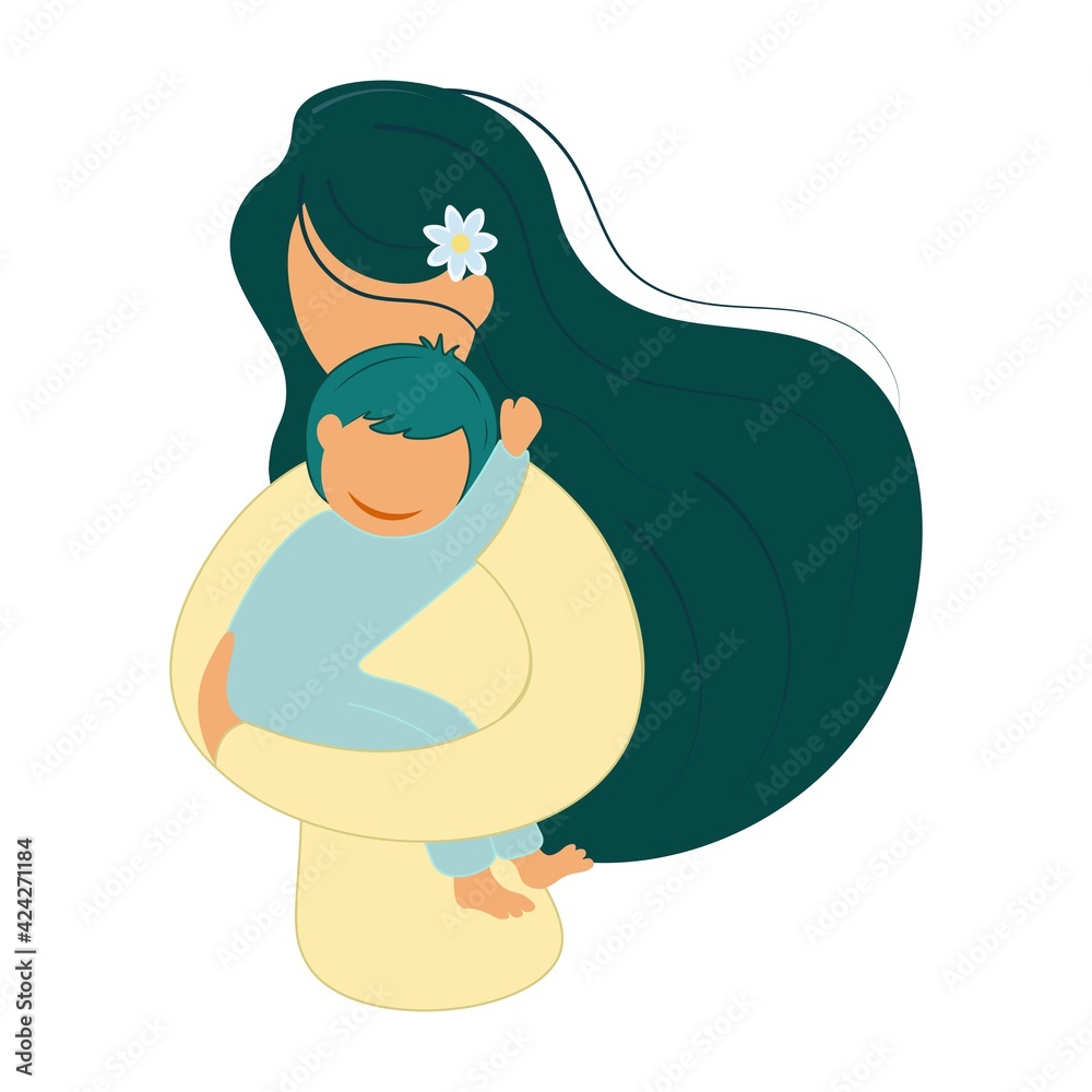 Motherhood theme. Loving mom and baby hug. Young mother with a baby in her arms. White isolated background. Flat design. Dedicated to Mother's Day Motherhood theme. Loving mom and baby hug. Young mother with a baby in her arms. White isolated background. Flat design. Dedicated to Mother's Day