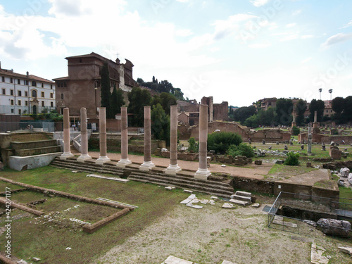 Roman Forum view of Tempio della Pace and Fori Imperiali from streets of Rome, Italy