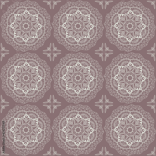 Mandala seamless tiles with white lines on greish pink background