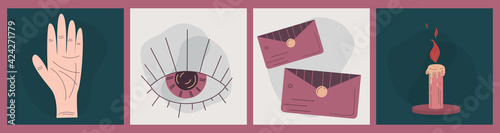 Modern boho palmistry cover for conceptual design. Flat abstract design. Minimal flat linear style. Magic astrology card, drawing a spiritual poster. Palmistry, the hand and the all-seeing eye.