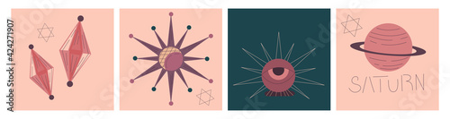 Modern boho palmistry cover for conceptual design. Flat abstract design. Minimal flat linear style. Magic astrology card, drawing a spiritual poster. Palmistry, celestial crystals, and the planet.