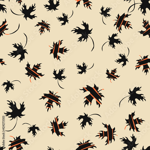 Autumn falling leaves seamless pattern. Vector background with maple leaf silhouettes. Stylish abstract texture. Black, beige and orange color. Hand drawn art. Repeated design for print, decor, wrap © Bereletik Art