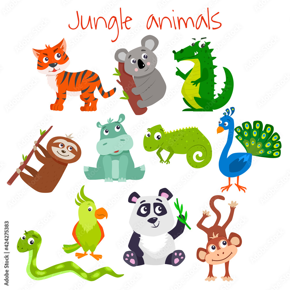 Fototapeta premium Set of cartoon cute jungle animals. Vector flat illustration.