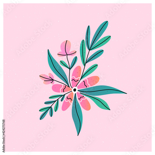 Colorful floral illustration of bouquet layering with  flowers and leaves. Cartoon style with light texture. Vector.