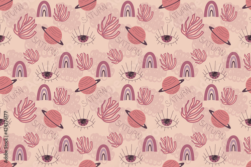 Seamless boho pattern in a minimalistic flat linear style. Vector illustration with tropical leaves, rainbows and planets. Low key boho tones. The infinite palmistry pattern