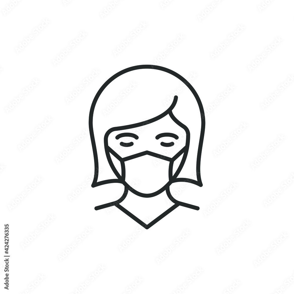 Women in medical facemask line icon isolated on white background. Vector illustration