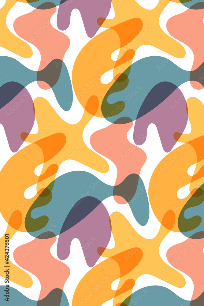 Naklejka premium Minimalistic abstract shapes seamless pattern, freehand drawn transparent shapes in multicolor, rainbow palette