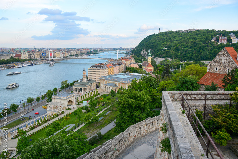 Budapest, Hungary - June 20, 2019: View to Danube river from Virgin Mary Statue on the top of Buda side