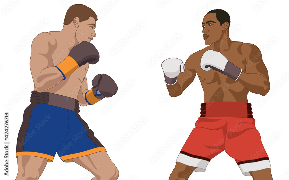 two male boxers in upright stance isolated on a white background two male boxers in upright stance isolated on a white background