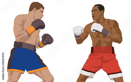 two male boxers in upright stance isolated on a white background