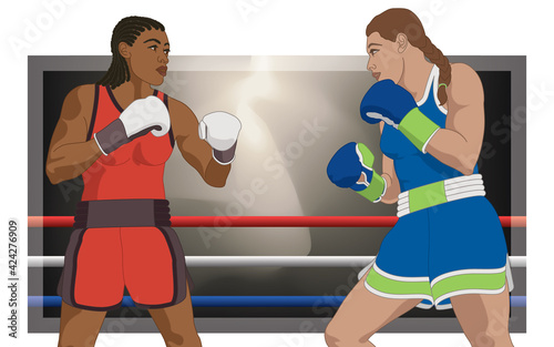 two female boxers in upright stance in boxing ring