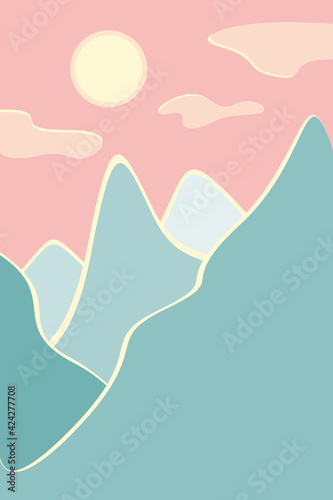 Cute abstract landscape in the style of minimalism. Suitable for poster, banner, cards. Vector illustration