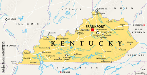 Kentucky, KY, political map with capital Frankfort and largest cities. Commonwealth of Kentucky. State in the Southeastern region of the United States of America. Bluegrass State. Illustration. Vector photo