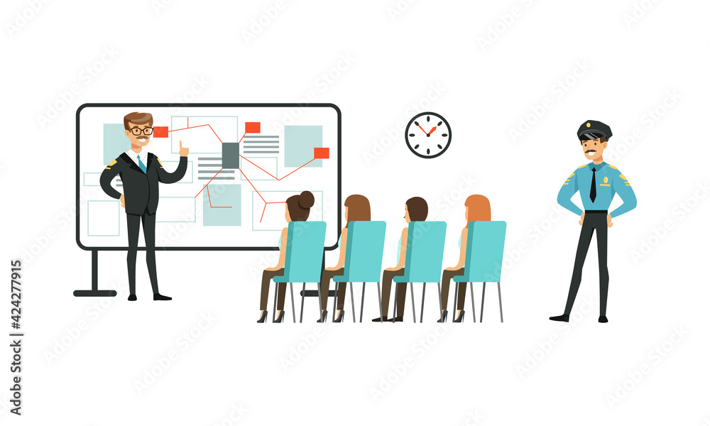 Policeman in Uniform Working at Police Station Set, Police Officers Characters Having Conference and Discussing Investigation Process Cartoon Vector Illustration Policeman in Uniform Working at Police Station Set, Police Officers Characters Having Conference and Discussing Investigation Process Cartoon Vector Illustration
