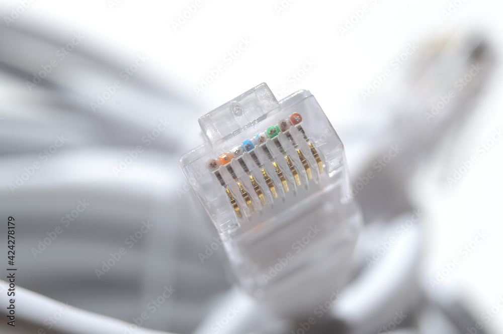 network LAN cable white with a connector rj 45. close-up.