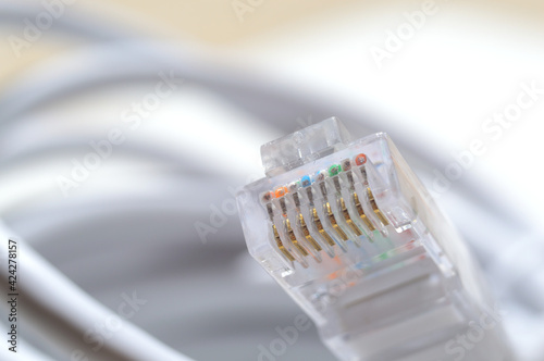 network LAN cable white with a connector rj 45. close-up. photo