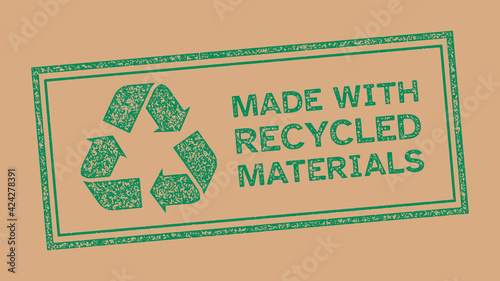 Made with recycled materials stamp, recycle symbol, stamp effect