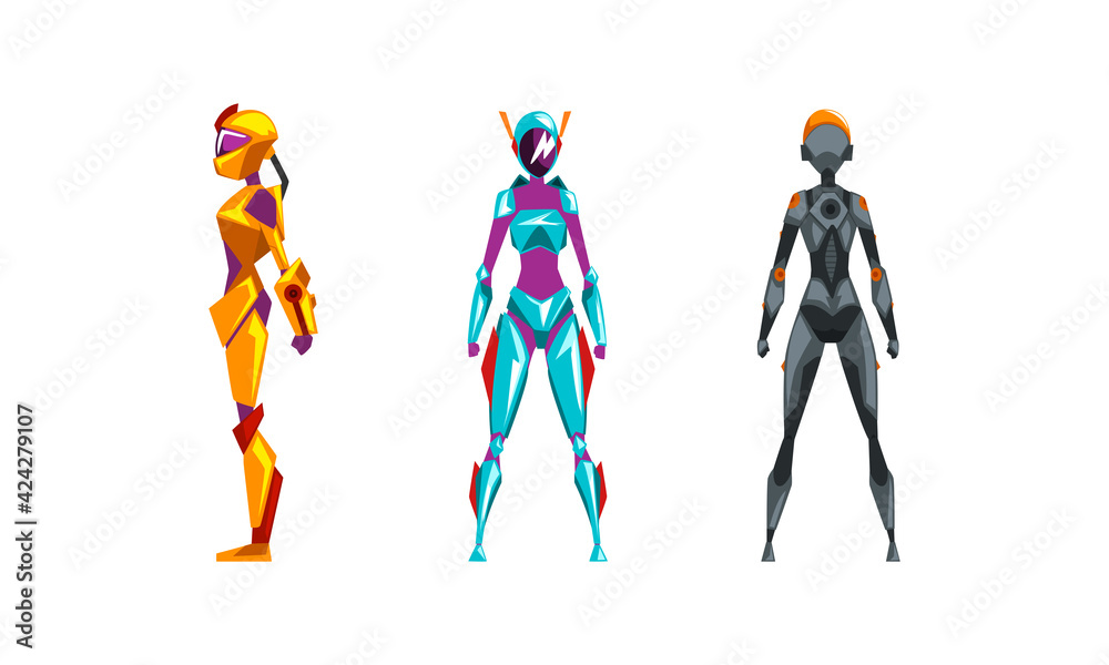 Female Robots Set, Cyborg Characters in Various Poses, Artificial  Intelligence Concept Cartoon Vector Illustration Stock Vector | Adobe Stock