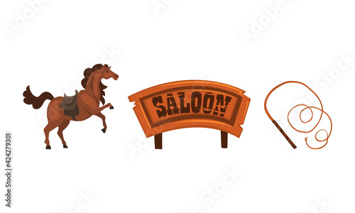 Wild West Symbols Set, Wooden Western Saloon Sign Board, Horse, Leather Whip Cartoon Vector Illustration