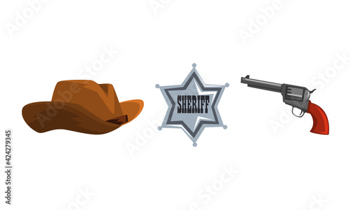 Wild West Symbols Set, Brown Cowboy Hat, Sheriff Star Badge, Vintage Revolver Gun Cartoon Vector Illustration