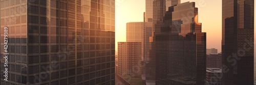 City at sunset  Skyscrapers at sunset  modern city at sunrise in the haze   3D rendering