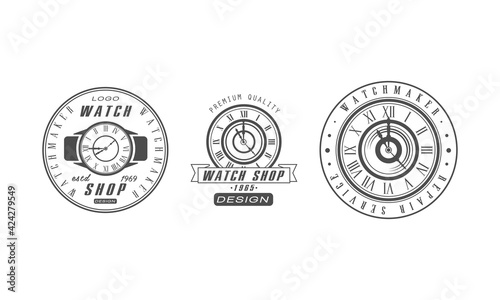 Watch Shop Logo Design Templates Set, Watchmaker Repair Service Premium Quality Monochrome Retro Badges Cartoon Vector Illustration