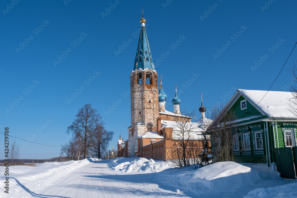 Annunciation Cathedral in the village of Dunilovo, Ivanovo region on a sunny winter day.