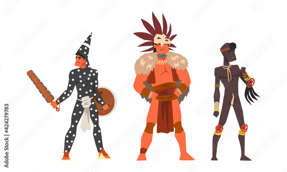 Set of Representatives of Ethnic Tribes, Aboriginal Indigenous Warriors Cartoon Vector Illustration