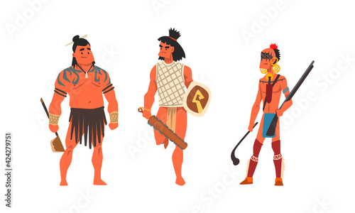 Set of Aboriginal or Indigenous Warriors, Men Dressed in Ethnic Clothes with Weapon, Representatives of Ethnic Tribes Cartoon Vector Illustration