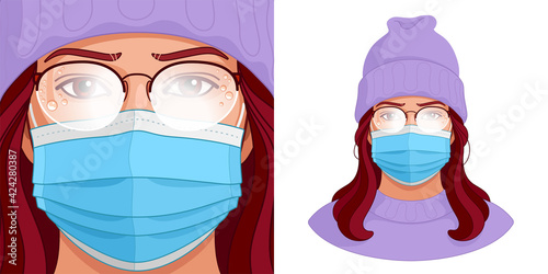 Foggy glasses and face mask. Vector portrait of young woman who has to endure the fogging up of her eyeglasses while wearing a medical mask. Annoying condensation on the lenses during COVID lockdown.
