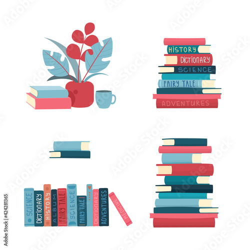 Vertical stack of old historical books in hardbacks with bookmarks isolated on white background. Pile of ancient textbooks for reading. Colored hand-drawn vector illustration in vintage style
