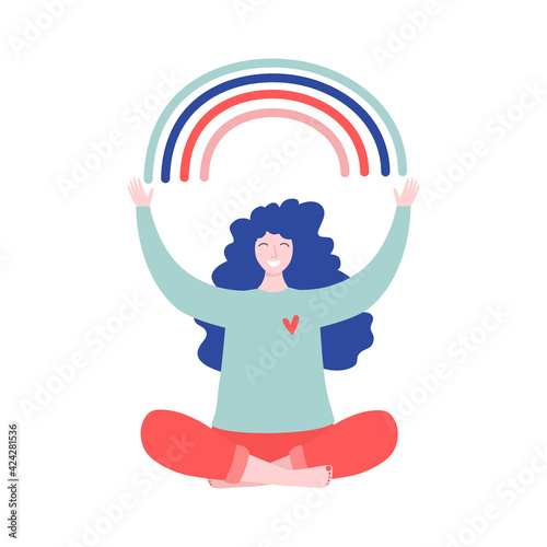 Happy woman sits in lotus pose and open her arms to the rainbow. Smiled girl creates good vibe around her. Smiling female character enjoys her freedom and life. Body positive and health care concept