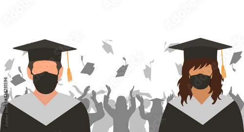 Graduates boy and girl in medical protective mask observant social distance on background of cheerful group of people throwing mortarboards. Vector illustration.