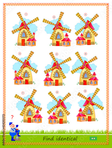 Logic puzzle game for children and adults. Find two identical windmills. Memory exercises for seniors. Printable page for kids brain teaser book. Developing spatial thinking. IQ test. Play online.