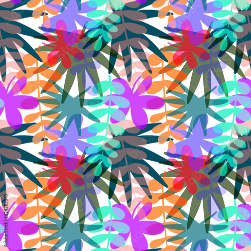Seamless pattern with drawn tropical leaves, colorful artistic botanical illustration. Floral background. Modern botanical minimalistic illustration with texture.