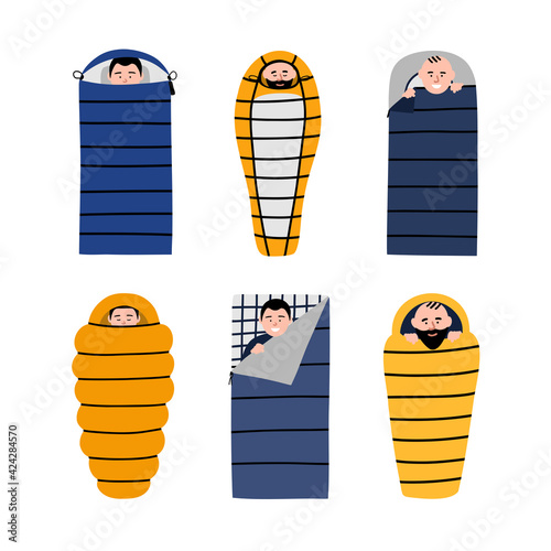 Camping sleeping bag set. Six adventure bedrolls. Men tourists inside sleeping and smiling. Hiking sleep equipment. Vector hand drawn illustration.