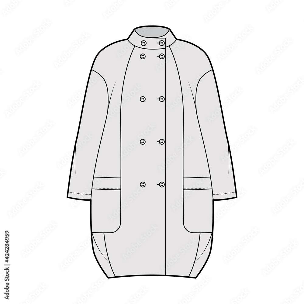 Cocoon coat technical fashion illustration with long dropped sleeves, double breasted, oversized body, knee length. Flat jacket template front, grey color style. Women, men, unisex top CAD mockup Cocoon coat technical fashion illustration with long dropped sleeves, double breasted, oversized body, knee length. Flat jacket template front, grey color style. Women, men, unisex top CAD mockup