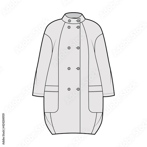Cocoon coat technical fashion illustration with long dropped sleeves, double breasted, oversized body, knee length. Flat jacket template front, grey color style. Women, men, unisex top CAD mockup