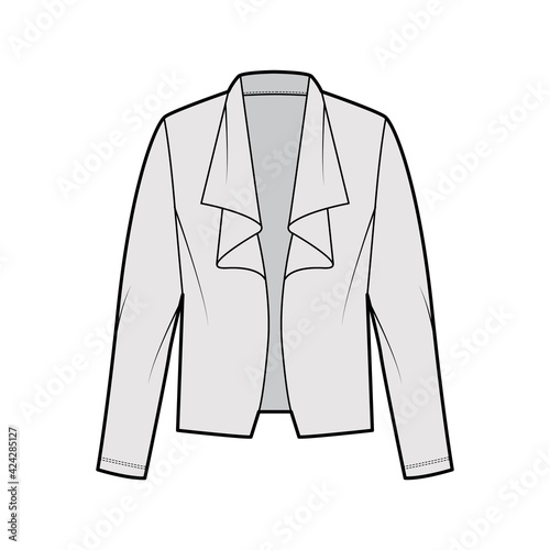 Roomy jacket technical fashion illustration with oversized, long sleeves, wrap collar opening. Flat coat template front, grey color style. Women, men, unisex top CAD mockup